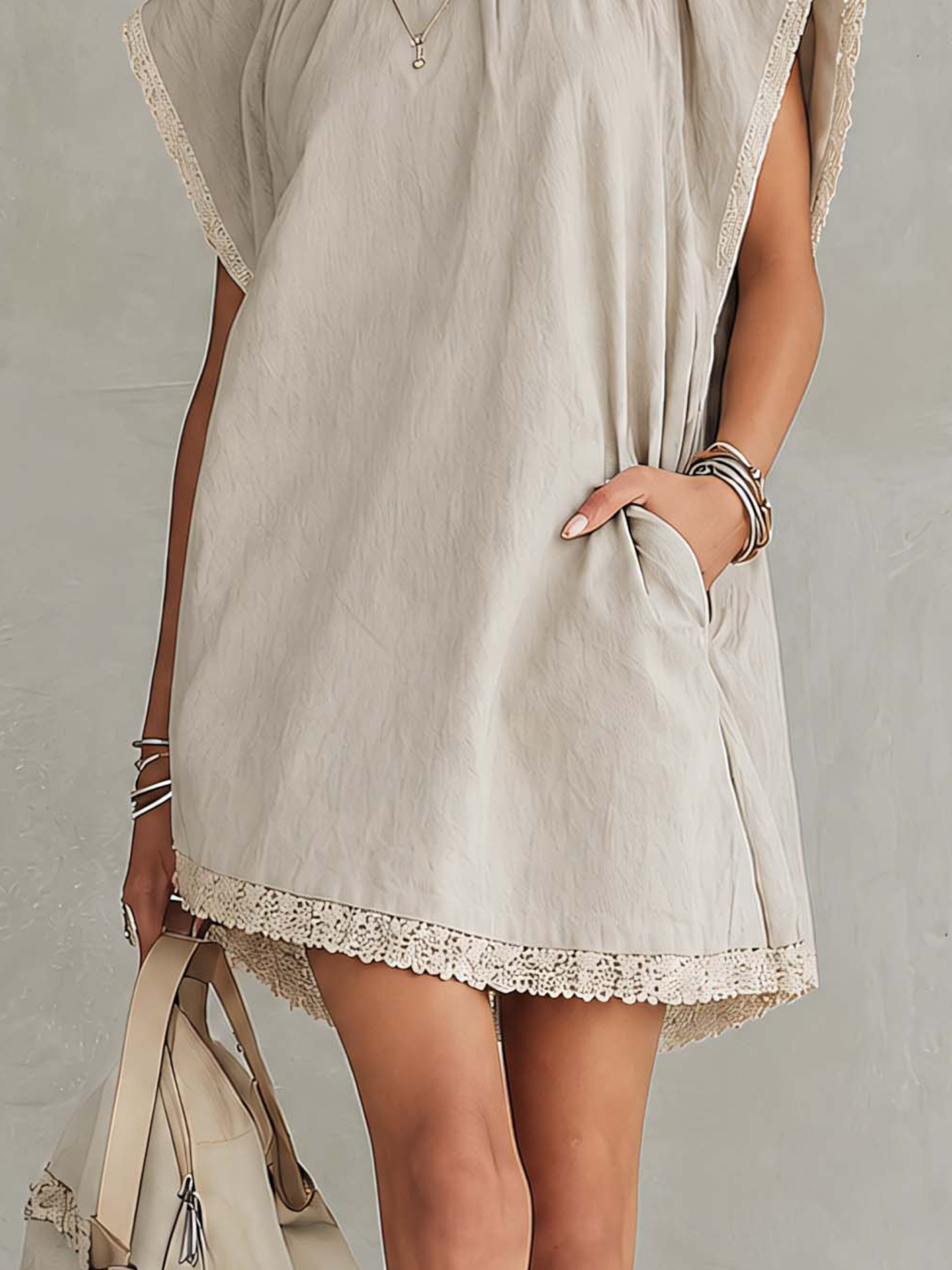 Light Gray Lace Trim Washed Cotton Patchwork Mini Dress