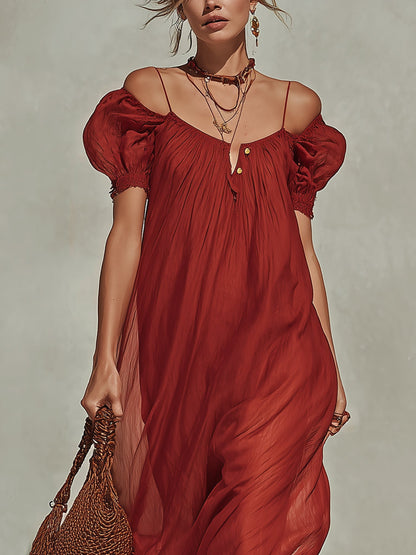 Red Chiffon Maxi Dress With Gold Buttons