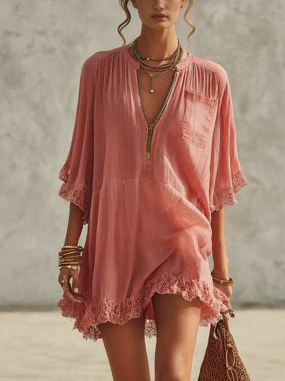 Pink Chiffon Ruffled Zip Mini Dress
