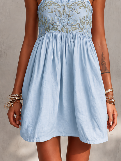 Pink Vintage Embroidered Linen Cotton Mini Cami Dress