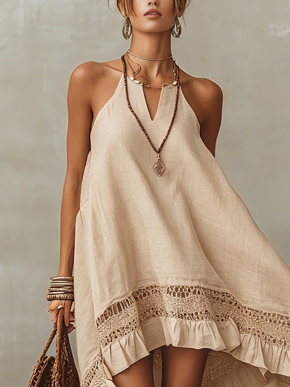 Beige Tie Strap Linen Mini Dress