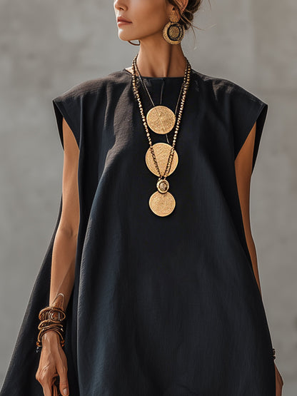 Black Embroidered Linen Mini Dress