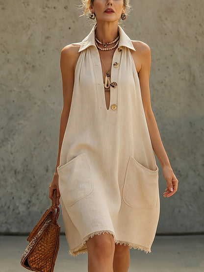 Beige Linen Sleeveless Button Midi Dress
