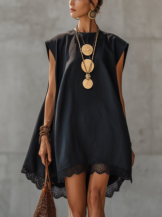Black Embroidered Linen Mini Dress