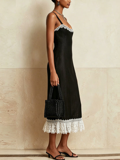 Black Midi Dress With White Lace Trim