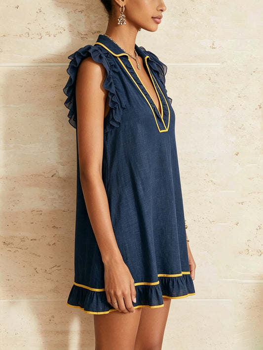 Navy Ruffle Mini Dress With Contrast Yellow Trim