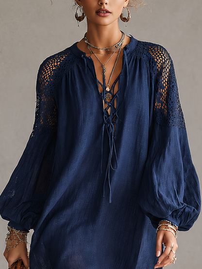 Navy Blue Crochet Shoulder Cotton Linen Mini Dress