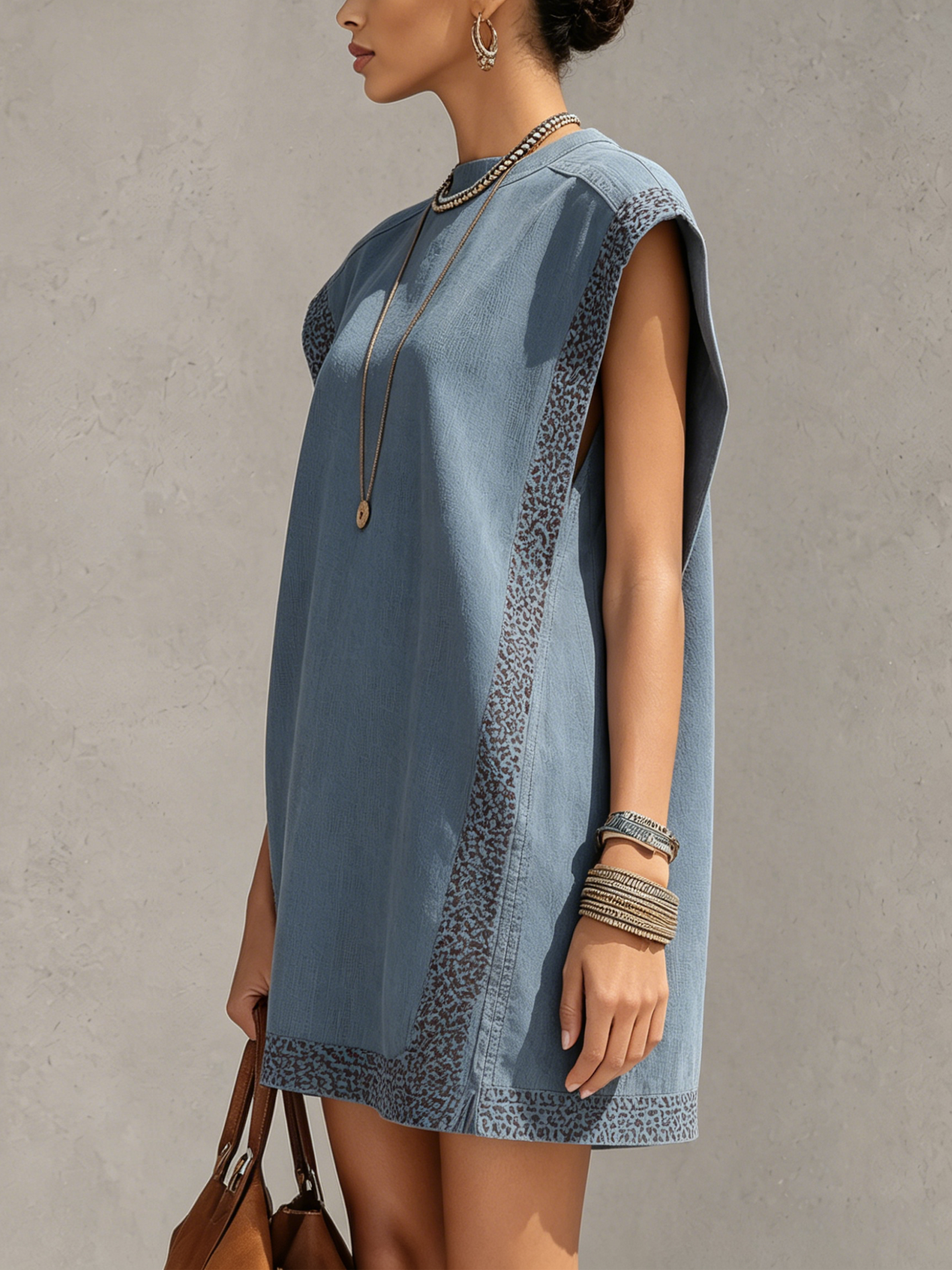 Dusty Blue Hollow-Out Lace Trim Mini Dress