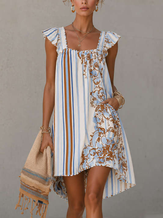 White Striped Floral Mini Dress With Ruffle Sleeves