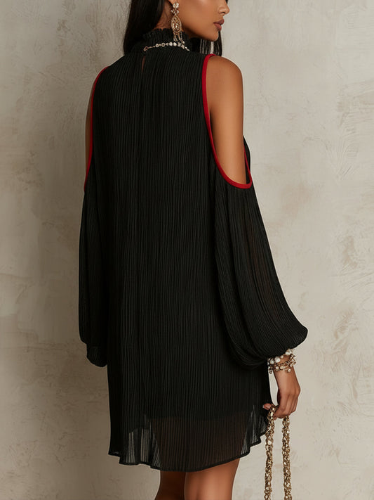 Black Pleated Cold-Shoulder Mini Dress With Red Trim