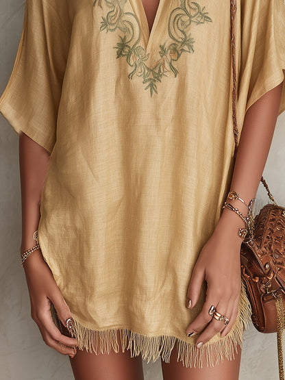 Beige Embroidered V-Neck Mini Dress With Fringe Hem
