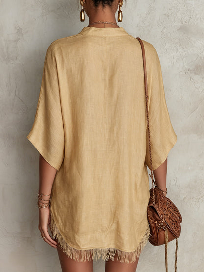 Beige Embroidered V-Neck Mini Dress With Fringe Hem