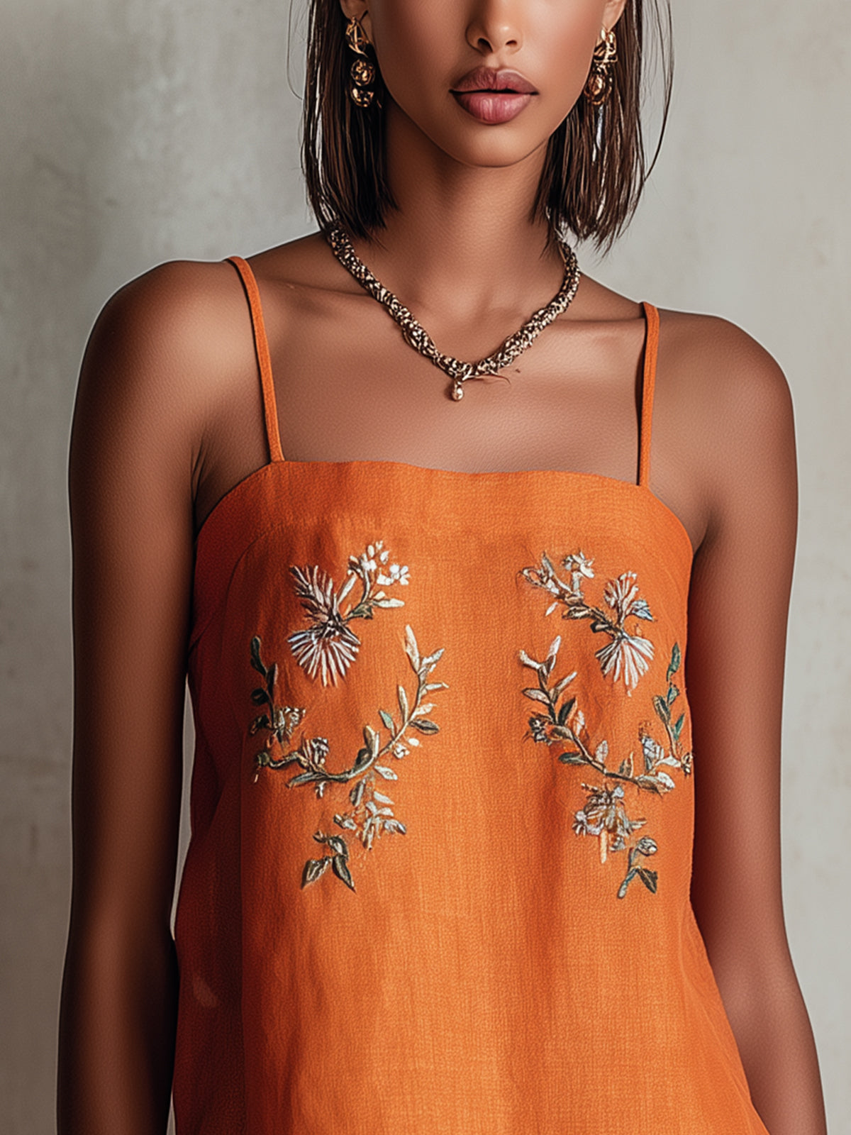 Orange Linen Mini Dress With Floral Embroidery And Spaghetti Straps
