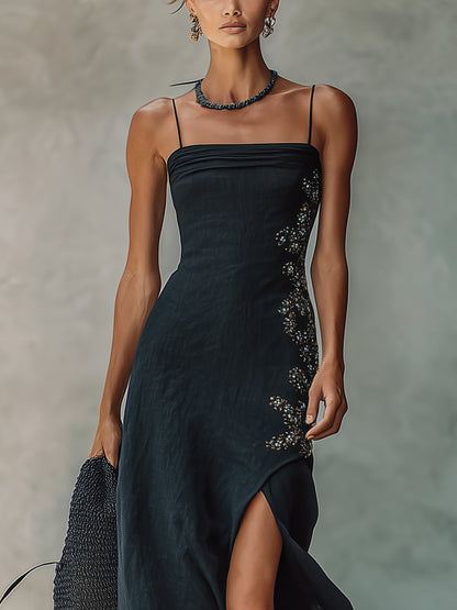 Black Sequin Embroidered Side Slit Maxi Dress