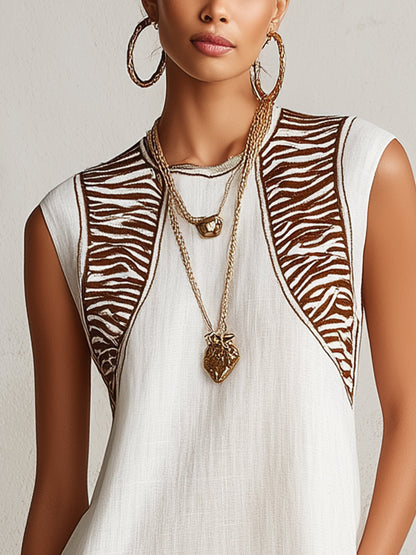 White Sleeveless Mini Dress With Zebra Print Panels