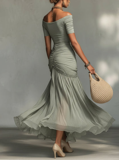 Green Stretch Fabric And Chiffon Maxi Dress