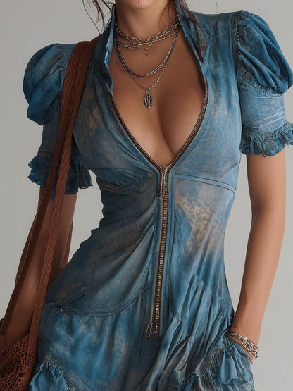Blue Chiffon Floral Zip Up Mini Dress