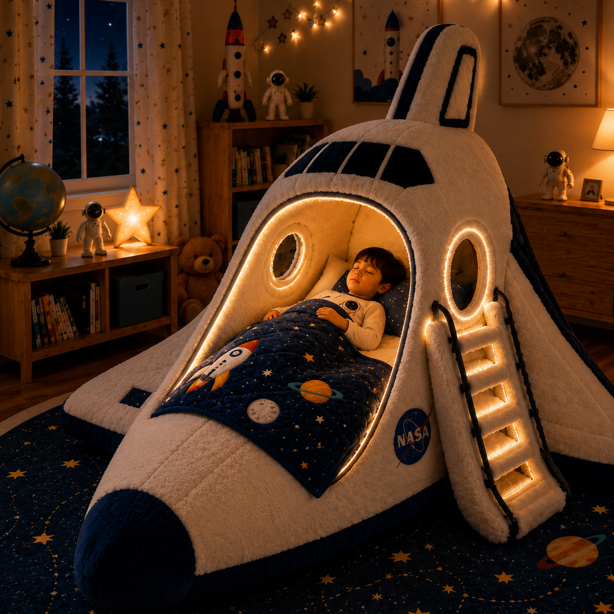 Space Shuttle-Inspired Plush Sleeping Bed