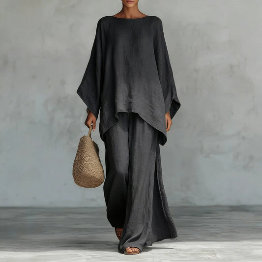 Women’s Linen-Look Flowy Poncho Top & Wide Leg Pants Two-Piece Set