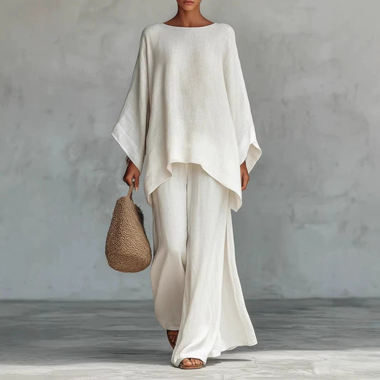 Women’s Linen-Look Flowy Poncho Top & Wide Leg Pants Two-Piece Set