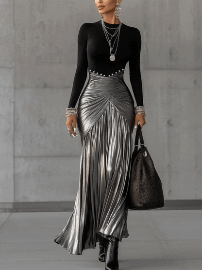 24-Hour-Shipping Black Round Neck Metallic Silver Pleated Maxi Dress