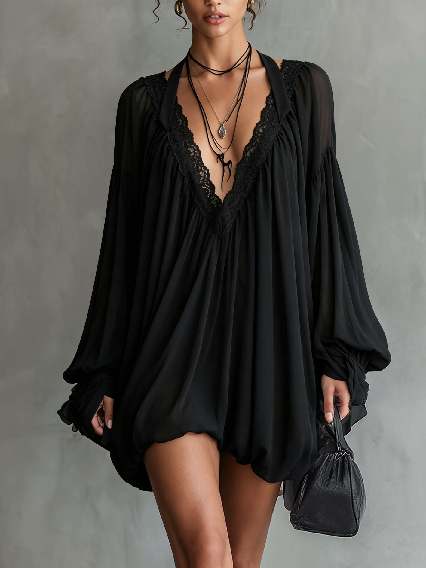 Black Chiffon Halter Mini Dress With Lace Neckline