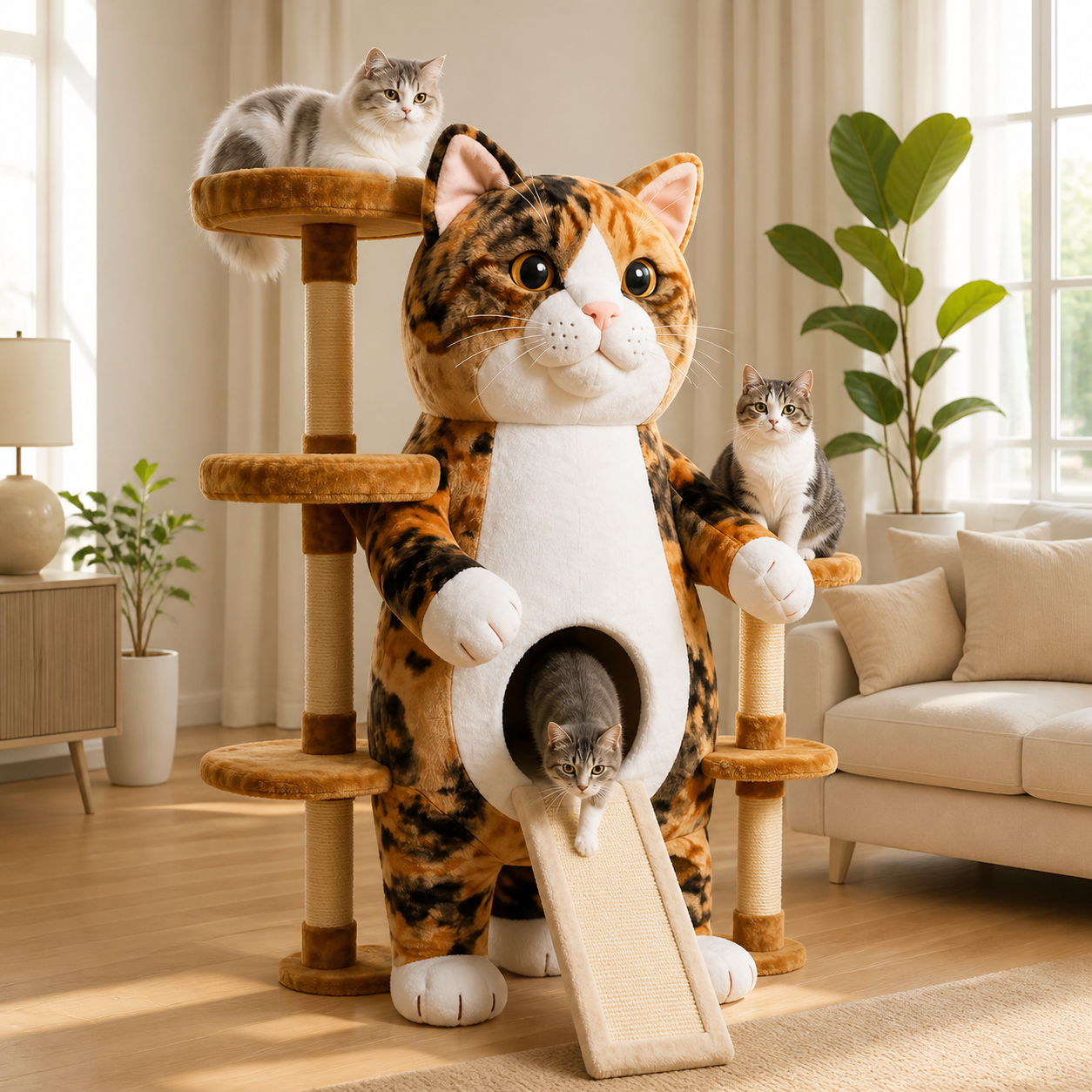Giant Calico Cat-Shaped Multi-Level Cat Tree