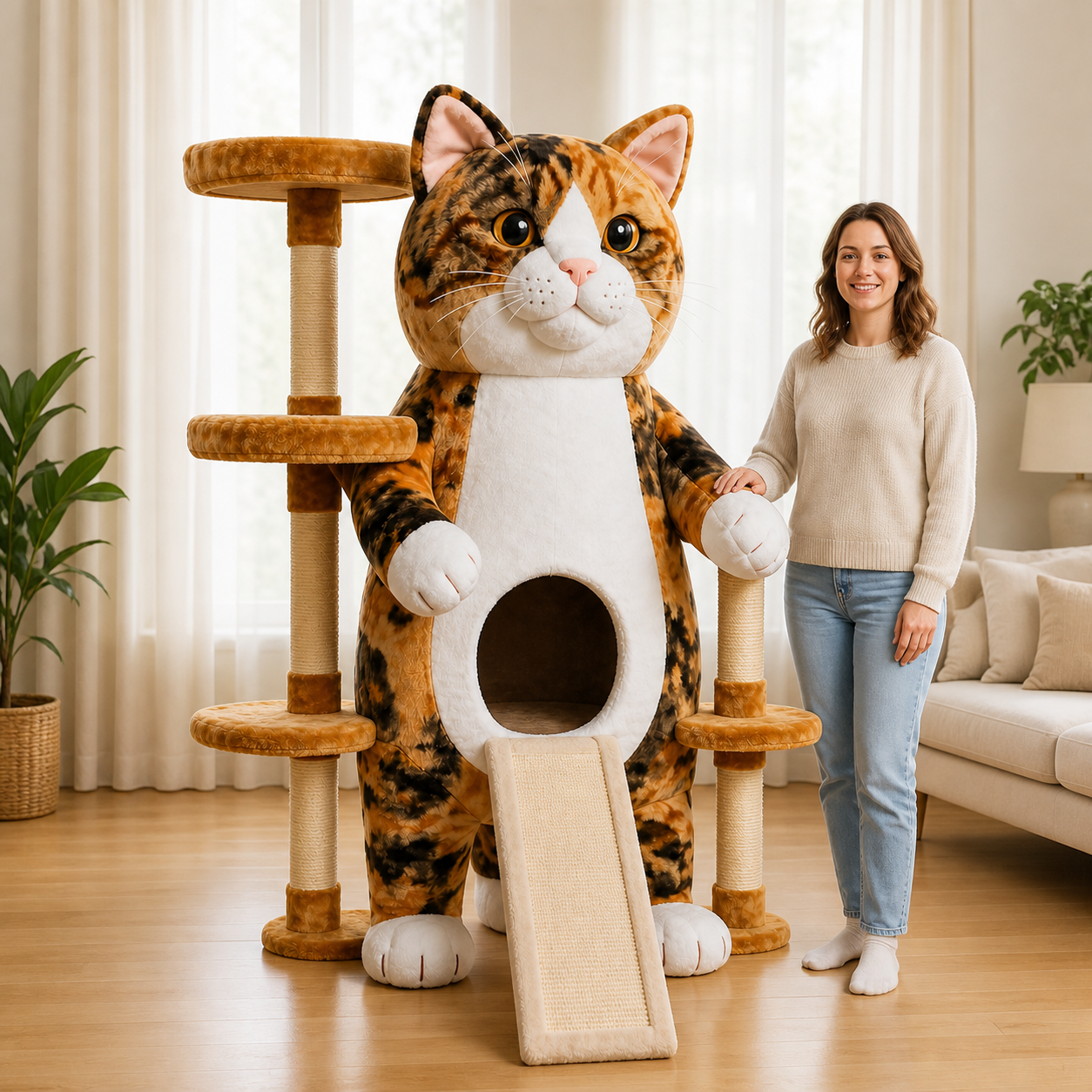 Giant Calico Cat-Shaped Multi-Level Cat Tree